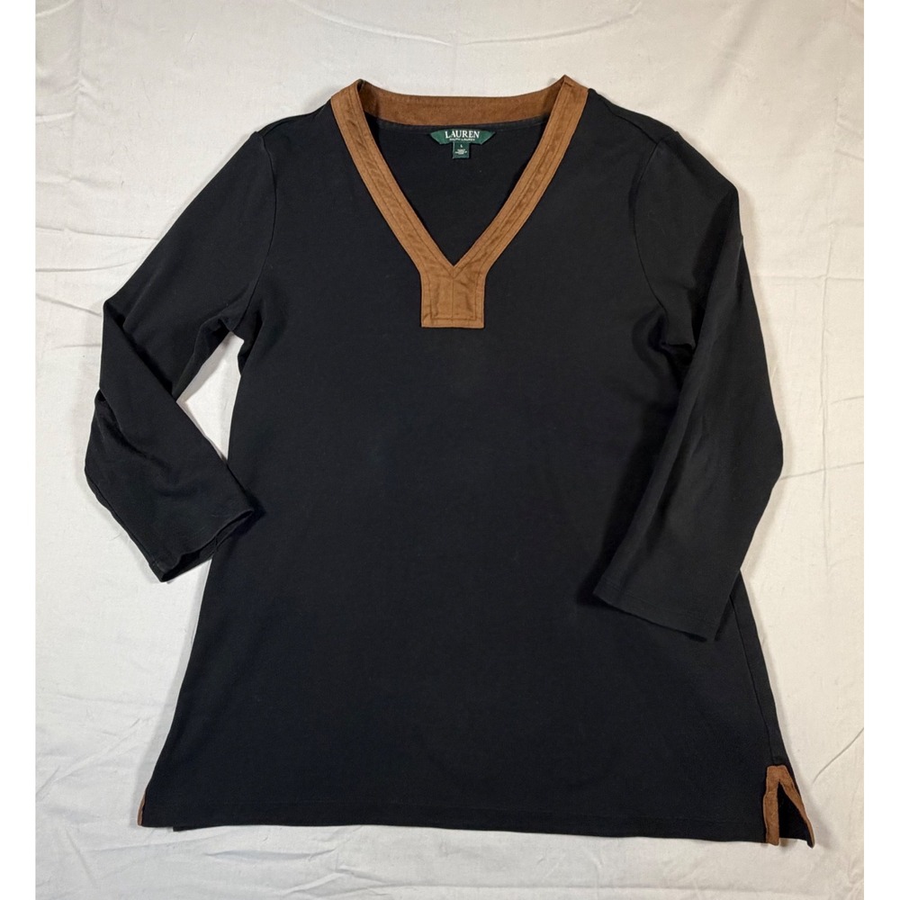 Lauren‎ Ralph Lauren Black Cotton V-Neck Tunic Brown Suede Trim Top Large